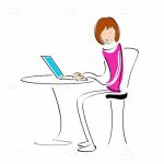 Girl Sitting at Table Using Laptop in Sketch Style